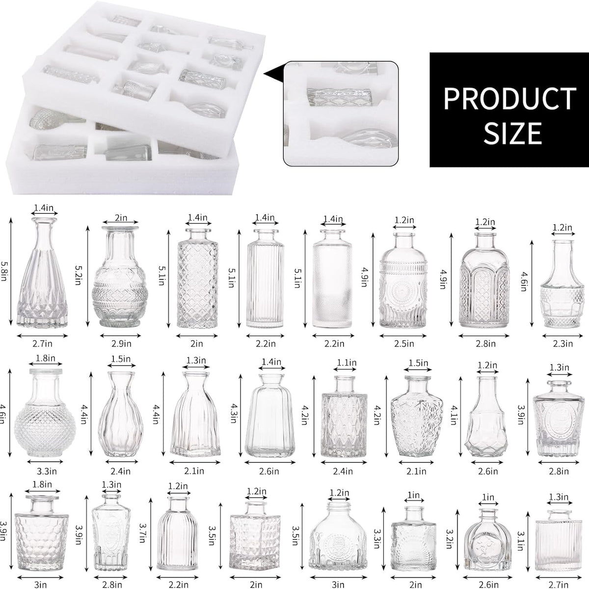 24 Small, Glass Bud Vase Set for Flowers in Bulk for Rustic Wedding Decorations Vintage Look Home Table Decor, Centerpieces, Clear