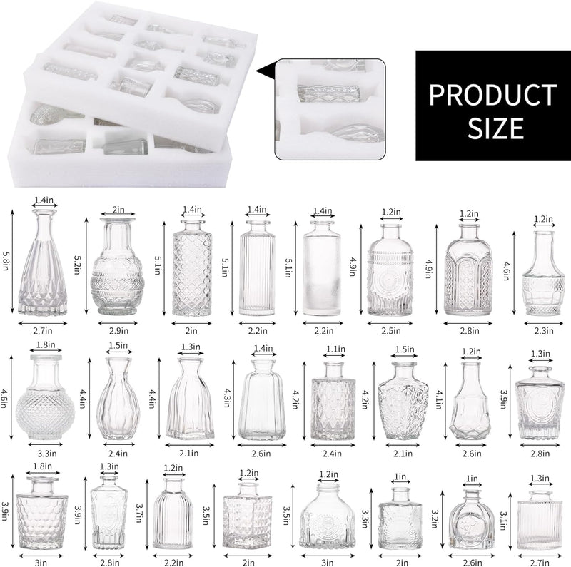 24 Small, Glass Bud Vase Set for Flowers in Bulk for Rustic Wedding Decorations Vintage Look Home Table Decor, Centerpieces, Clear