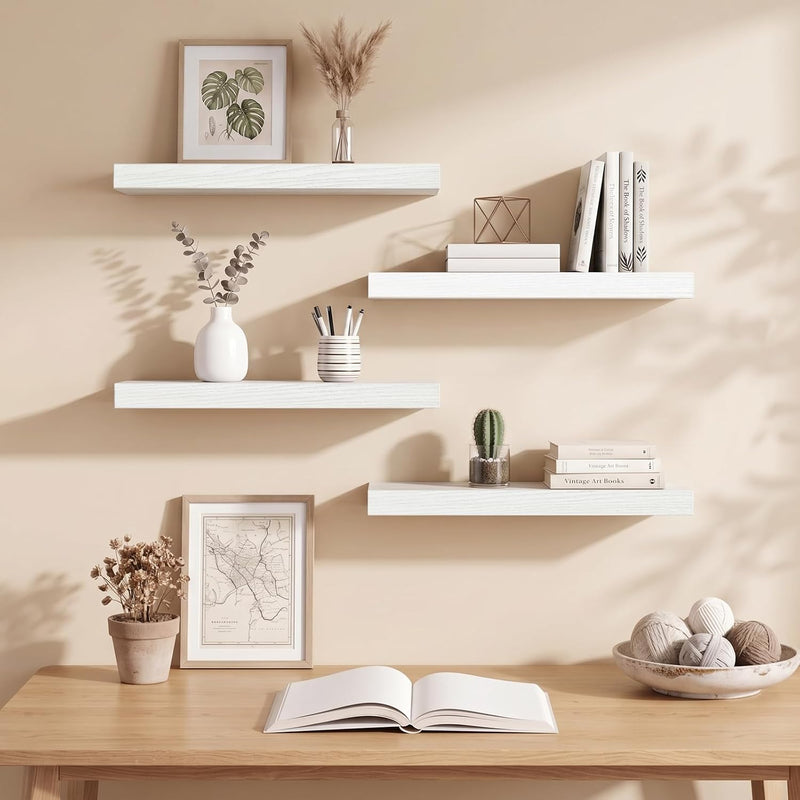 Fixwal White Shelves for Wall, 15.7in Rustic Wood Finish Floating Wall Shelves Set of 4, Shelves for Wall Decor, with Invisible Brackets for Bathroom, Living Room,Bedroom and Kitchen