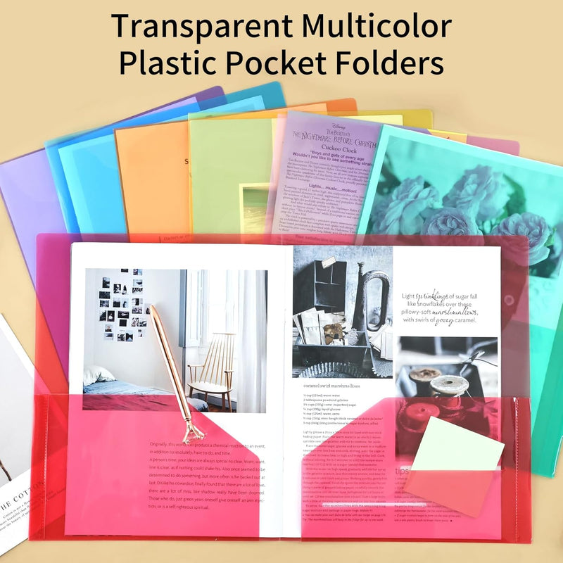 Clear Folders with 2 Pockets, 24pcs Plastic Pocket Folders for Office Students and School, Letter Size, A4 Size, 8 Assorted Colors