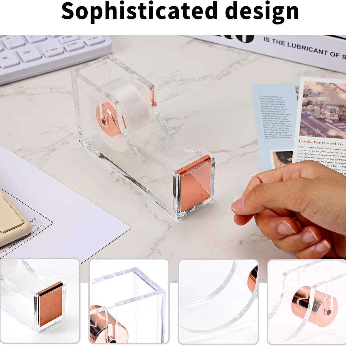 Rose Gold Desk Accessories, Office Supplies and Accessories Set, Acrylic Stapler Set, Staple Remover, Phone Holder, Pen Holder, Scissor, Ruler, Transparent Tape