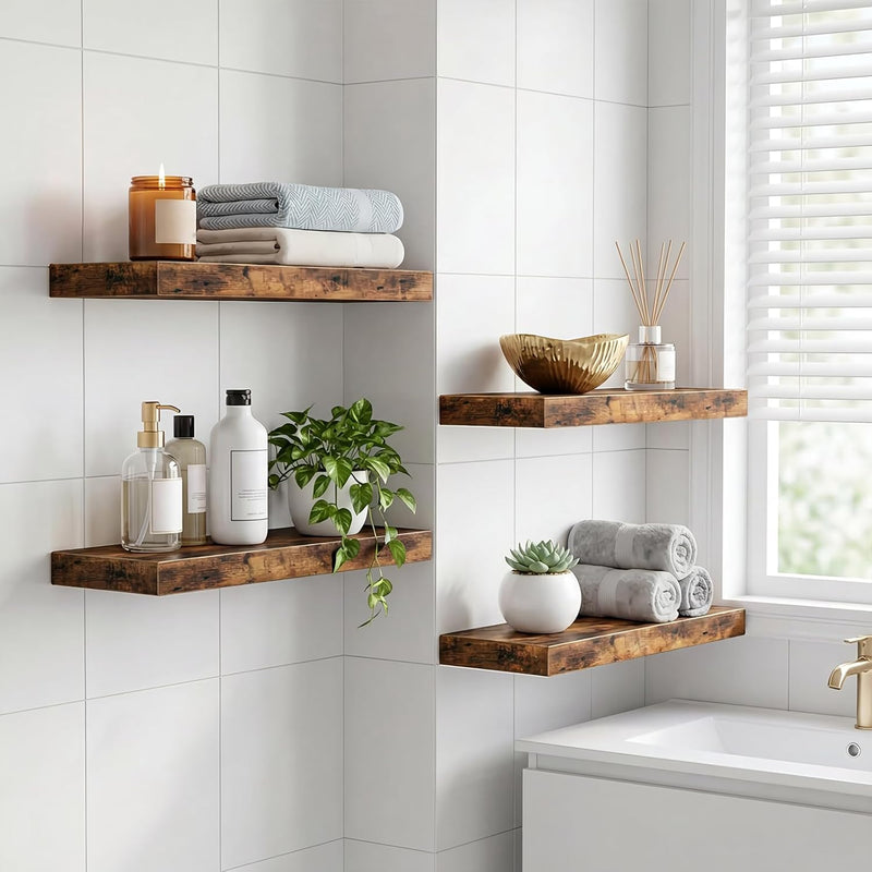 Fixwal Wood Floating Shelves, Wall Shelves Set of 4, Shelves for Wall Decor, with Invisible Brackets for Bathroom, Living Room,Bedroom and Kitchen(15.7in, Rustic Brown)