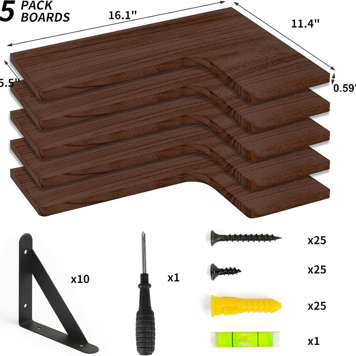 Fixwal Floating Shelves for Wall Set of 5, Rustic Wood Wall Mounted Corner Shelf for Bathroom, Kitchen, Bedroom, Home Decor, Laundry Room, Living Room (Walnut Brown)