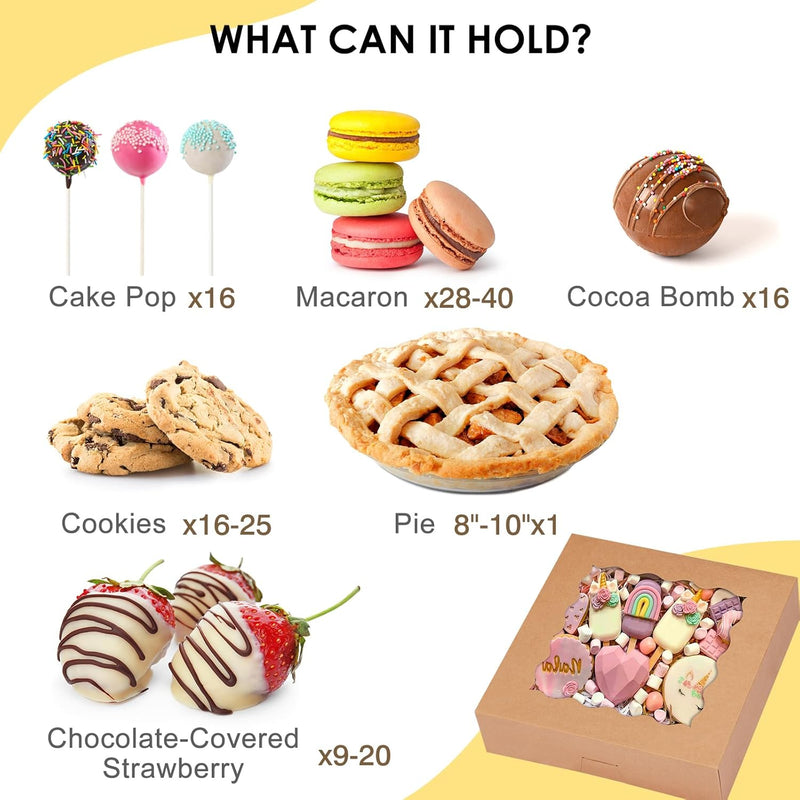 30pcs Pie Boxes, 10x10x2.5 Bakery Boxes with Window, Auto-Popup Brown Bakery Boxes for Pies, Cookie Boxes Treat Boxes for Dessert, Donuts, Muffins