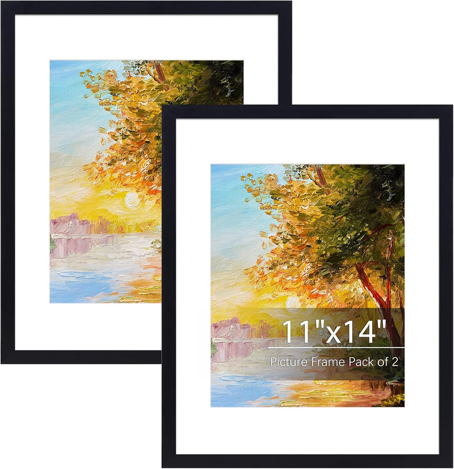 11x14 Picture Frame Set of 2, Black Photo Frames for Wall and Tabletop Display with Mat for 8x10 Pictures