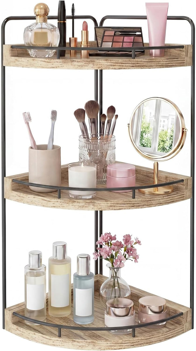 Fixwal Bathroom Counter Organizer, 3 Tier Rustic Bathroom Shelves Corner Organizer, Wood Countertop Storage Tray for Vanity, Kitchen, Bedroom (Light Brown)