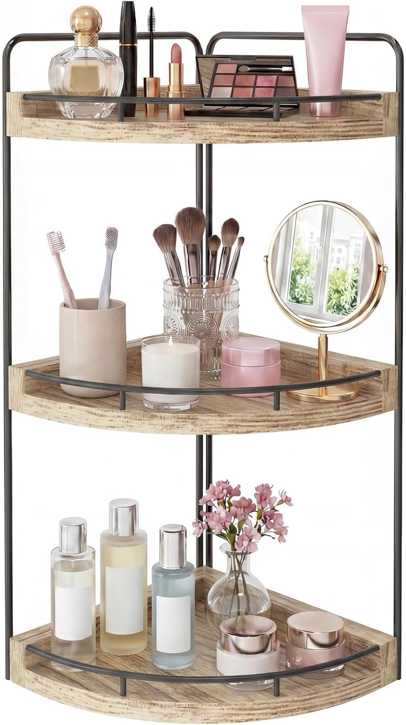 Fixwal Bathroom Counter Organizer, 3 Tier Rustic Bathroom Shelves Corner Organizer, Wood Countertop Storage Tray for Vanity, Kitchen, Bedroom (Light Brown)