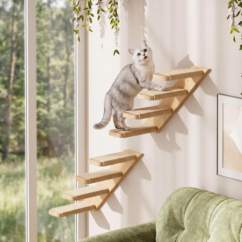 Superlele Cat Wall Shelves 2-Piece Set, 4-Tier Wall Mounted Cat Climbing Stairs with Sisal Scratching Surface, Wooden Steps for Indoor Cats to Play & Scratch, Space-Saving Perch Furniture