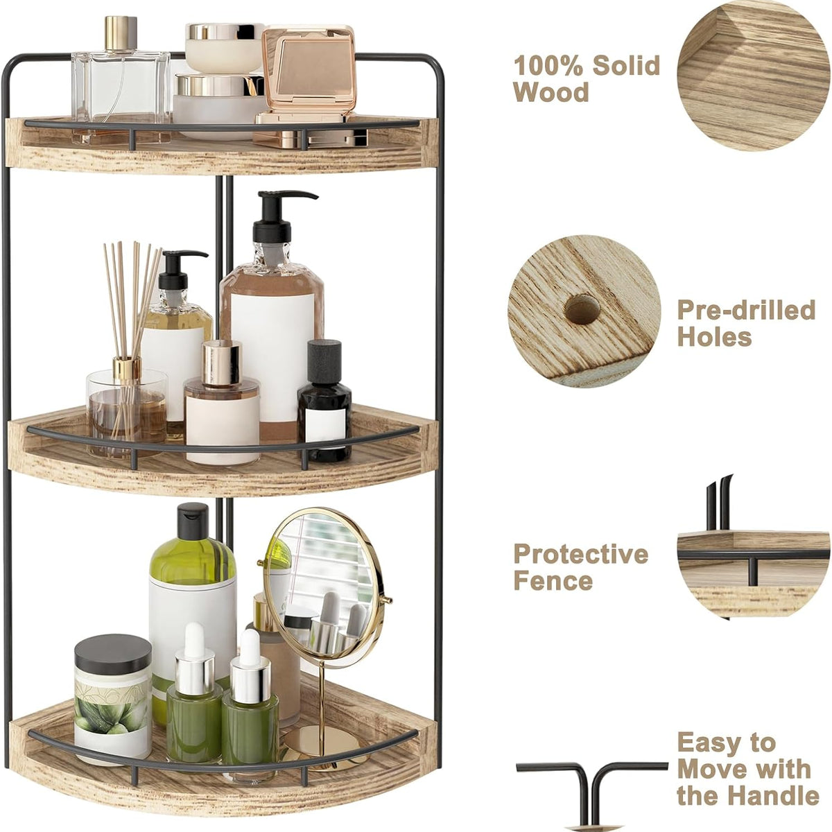 Fixwal Bathroom Counter Organizer, 3 Tier Rustic Bathroom Shelves Corner Organizer, Wood Countertop Storage Tray for Vanity, Kitchen, Bedroom (Light Brown)
