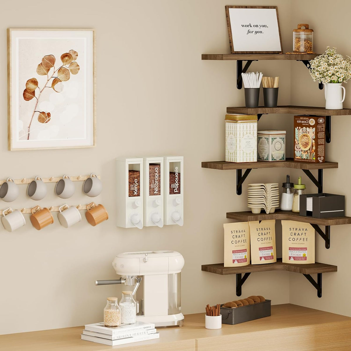 Fixwal Corner Floating Shelves Set of 5, Wall Mounted Corner Shelf, Rustic Wood Wall Shelves for Bathroom, Kitchen, Bedroom, Home Decor, Laundry Room, Living Room (Walnut)