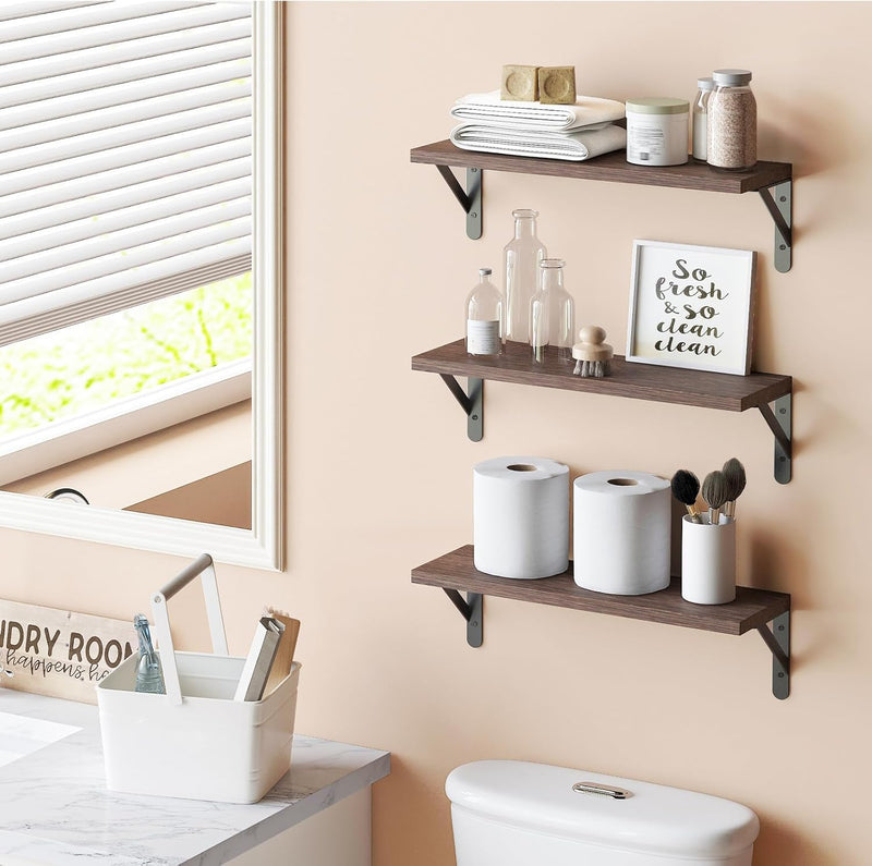 Brown Floating Shelves for Wall, 16.5 Inch Farmhouse Wall Shelves for Bedroom, Bathroom Storage, Living Room and Kitchen Decor (Set of 6 Brown)