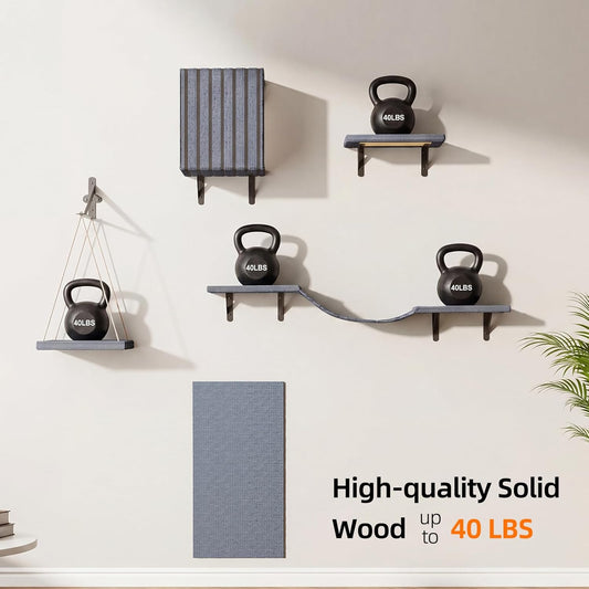 Superlele 5-in-1 Cat Wall Shelves Set, Premium Solid Wood for Stable & Safe, Space Saving Wall Mounted Cat Perch & Steps for Indoor Cats, Modern Wood Cat Walkway, with Interactive Cat Swing