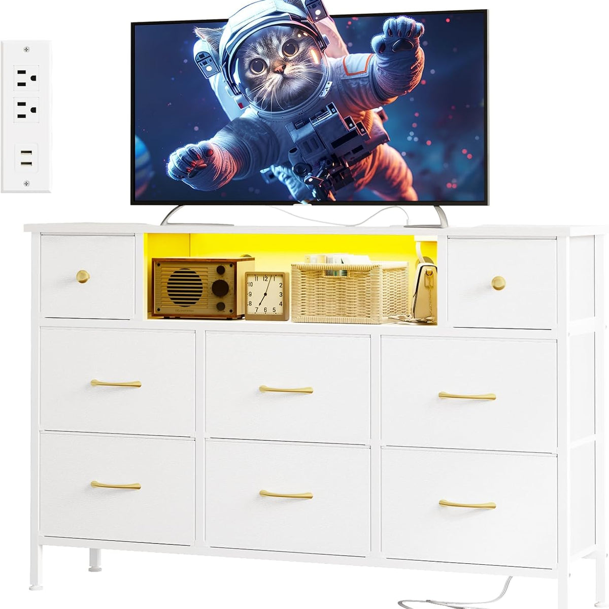 Fixwal Dresser for Bedroom with Power Outlets and LED Lights, White 55" TV Stand with 8 Drawers, Fabric Chest of Drawers with PU Finish for Living Room, Entryway