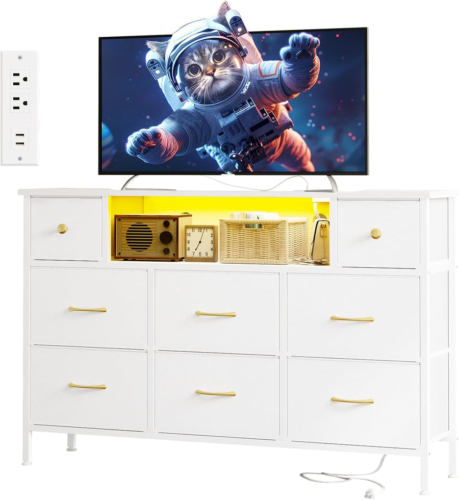 Dresser for Bedroom with Power Outlets and LED Lights, White 55" TV Stand with 8 Drawers, Fabric Chest of Drawers with PU Finish for Living Room, Entryway