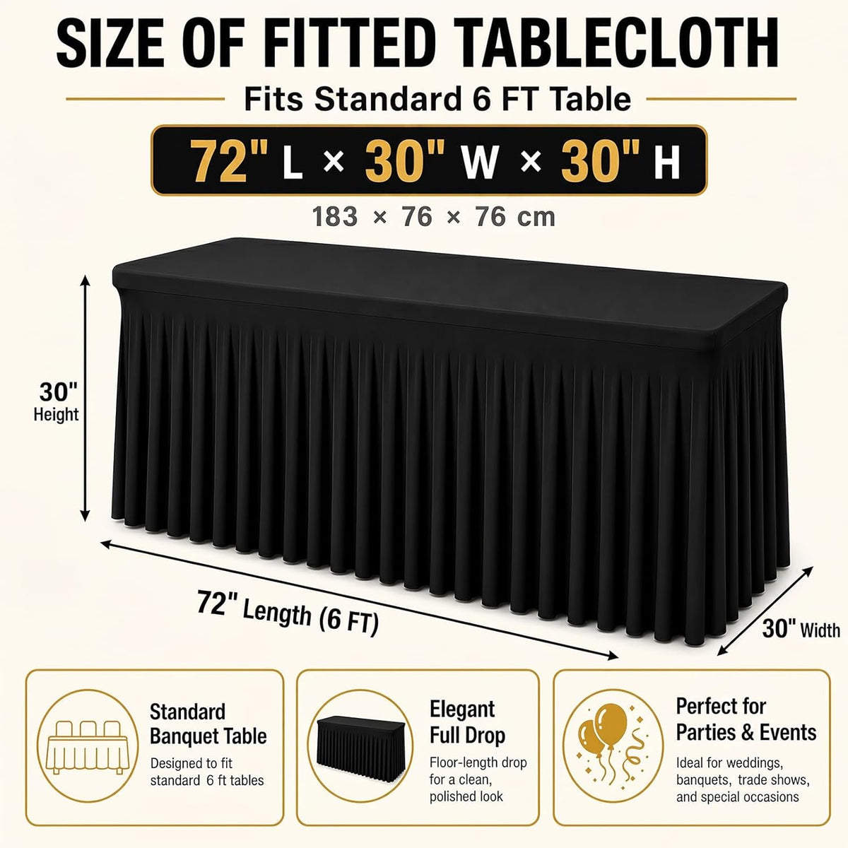 Fixwal Black Spandex Tablecloth for Rectangle Table 6ft, Table Skirt for Folding Table, Table Cover for Party, Show, Wedding and Birthday