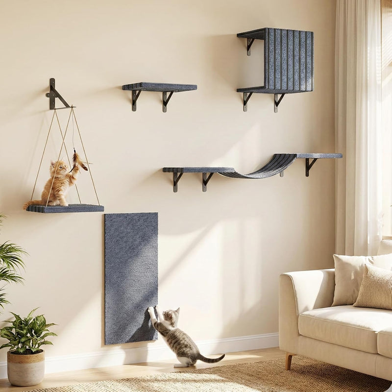 Superlele 5-in-1 Cat Wall Shelves Set, Premium Solid Wood for Stable & Safe, Space Saving Wall Mounted Cat Perch & Steps for Indoor Cats, Modern Wood Cat Walkway, with Interactive Cat Swing