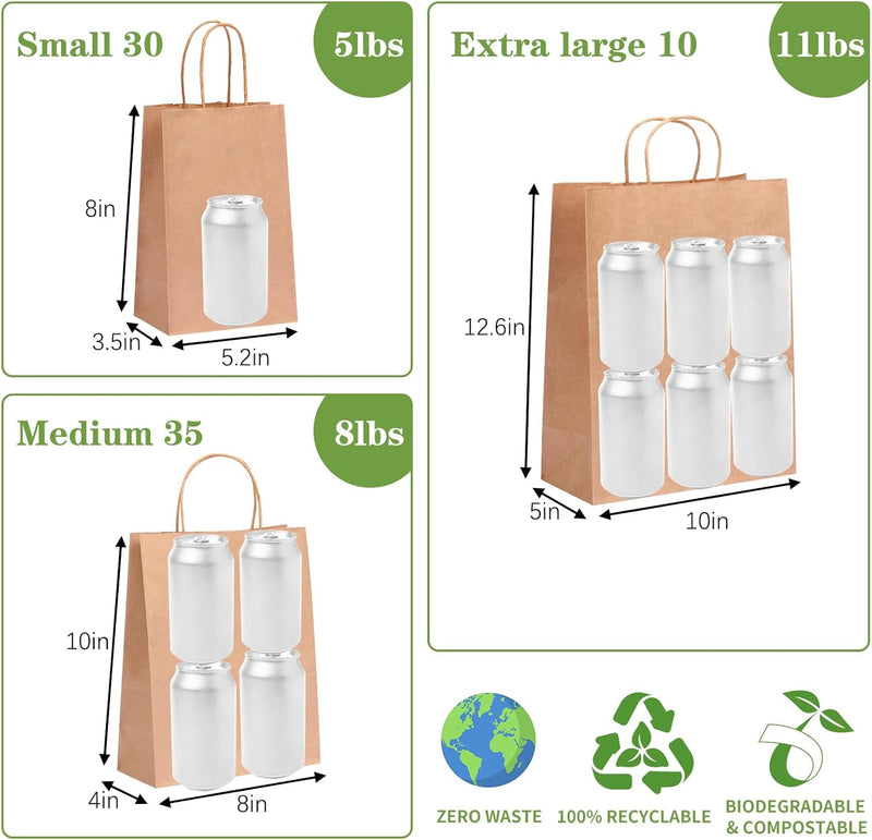 Moretoes 75pcs Paper Bags, (8-10-12inch) Assorted Sizes Brown Paper Bags with Handles for Small Business, Shopping, Retail, Party,
