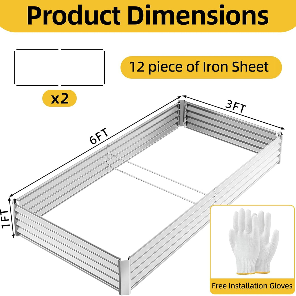 6x3x1ft(2 Pack) Galvanized Raised Garden Beds, Thickened Metal Planter Box for Outdoor Vegetables & Flowers, 72" L x 36" W x 12" H