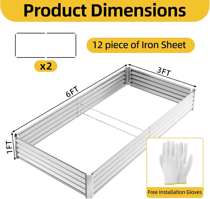 6x3x1ft(2 Pack) Galvanized Raised Garden Beds, Thickened Metal Planter Box for Outdoor Vegetables & Flowers, 72" L x 36" W x 12" H