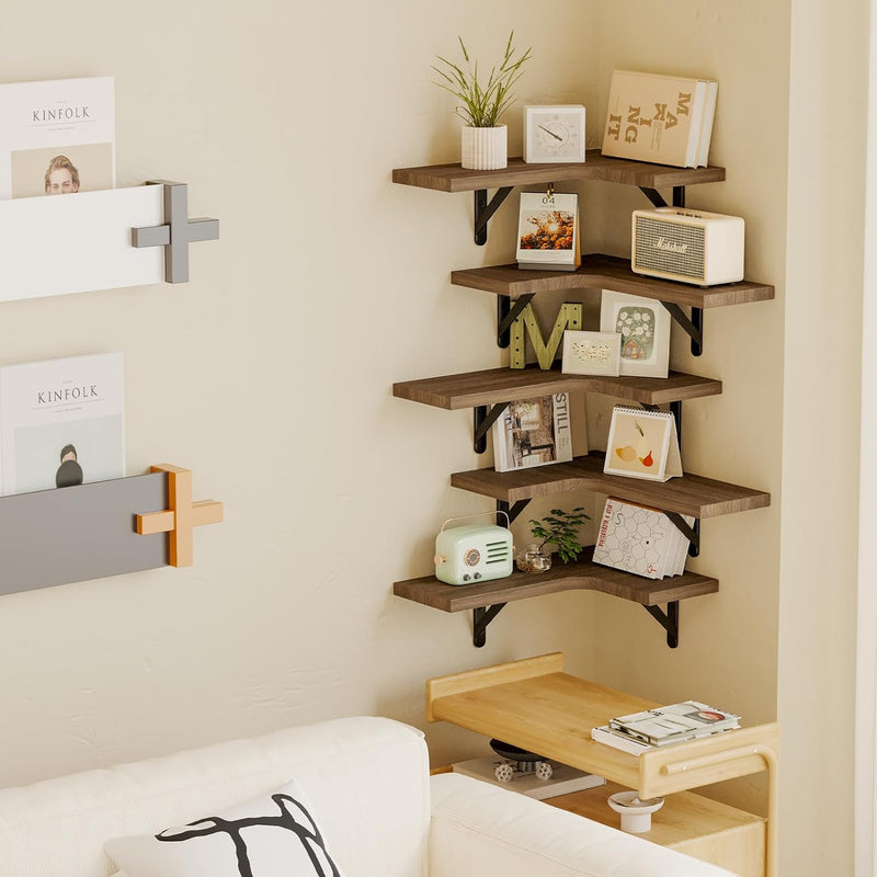 Fixwal Corner Floating Shelves Set of 5, Wall Mounted Corner Shelf, Rustic Wood Wall Shelves for Bathroom, Kitchen, Bedroom, Home Decor, Laundry Room, Living Room (Walnut)