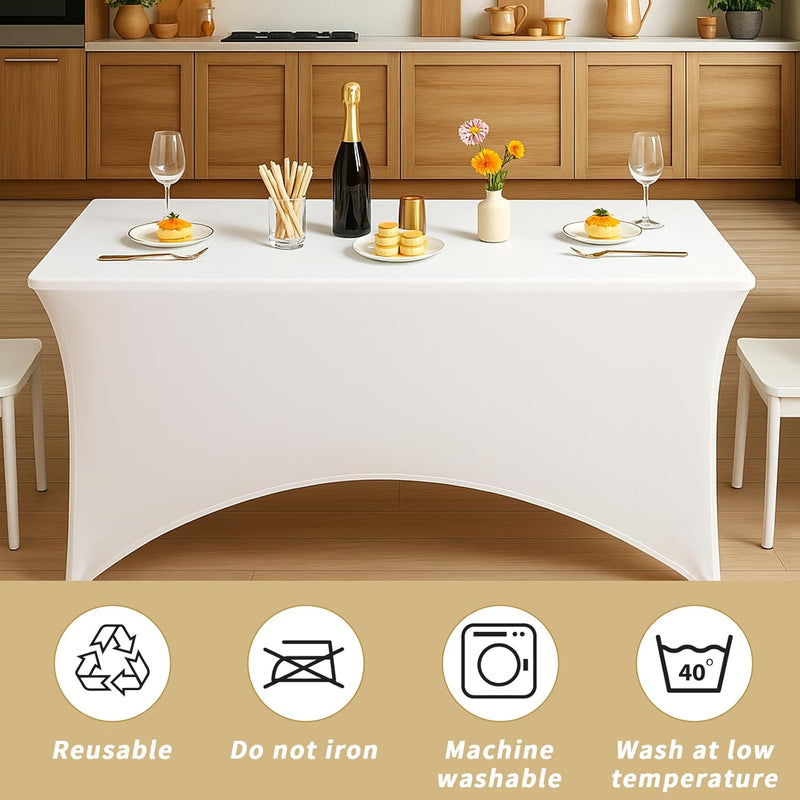 Fixwal 3 Pack Pearl White Tablecloth Rectangle 8Ft, Stretch Spandex Fitted Table Cover for Party, Trade Show, Wedding, Buffet, Graduation, Vendor Stand
