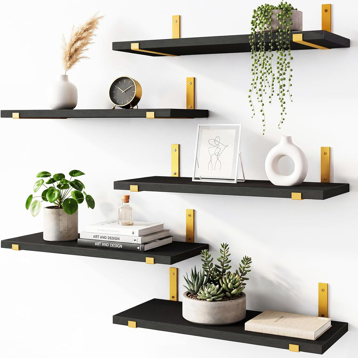 Fixwal Floating Black Gold Shelves Set of 5, Width 4.75 Inches Wall Shelves, Rustic Wood Wall Storage Shelves for Bedroom, Living Room, Kitchen, Bathroom, Home Decor, Laundry Room, Office and Plants