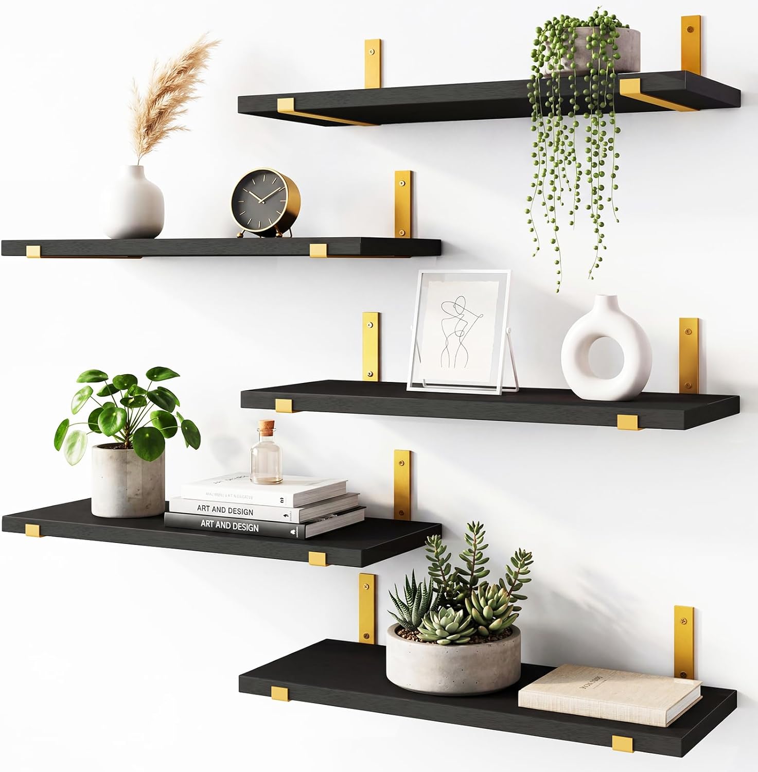 Fixwal Floating Black Gold Shelves Set of 5, Width 4.75 Inches Wall Shelves, Rustic Wood Wall Storage Shelves for Bedroom, Living Room, Kitchen, Bathroom, Home Decor, Laundry Room, Office and Plants
