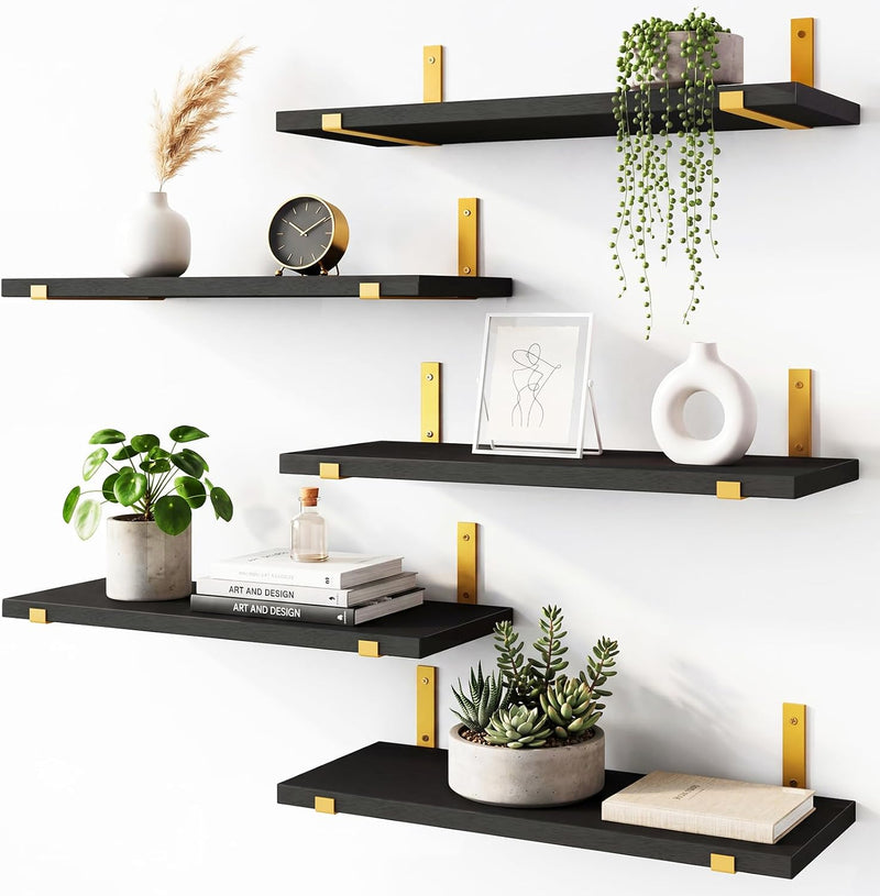 Fixwal Floating Black Gold Shelves Set of 5, Width 4.75 Inches Wall Shelves, Rustic Wood Wall Storage Shelves for Bedroom, Living Room, Kitchen, Bathroom, Home Decor, Laundry Room, Office and Plants