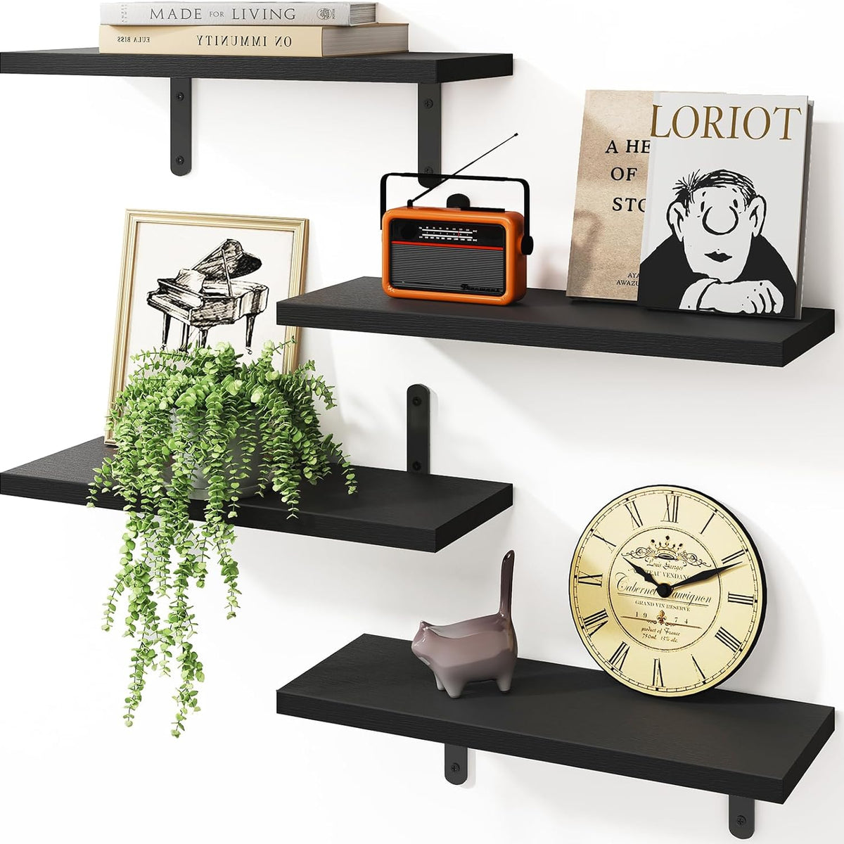 Fixwal Floating Shelves - 4 Set Farmhouse Wood Wall Mounted Shelves for Bedroom & Bathroom Storage, Book Shelf - Black