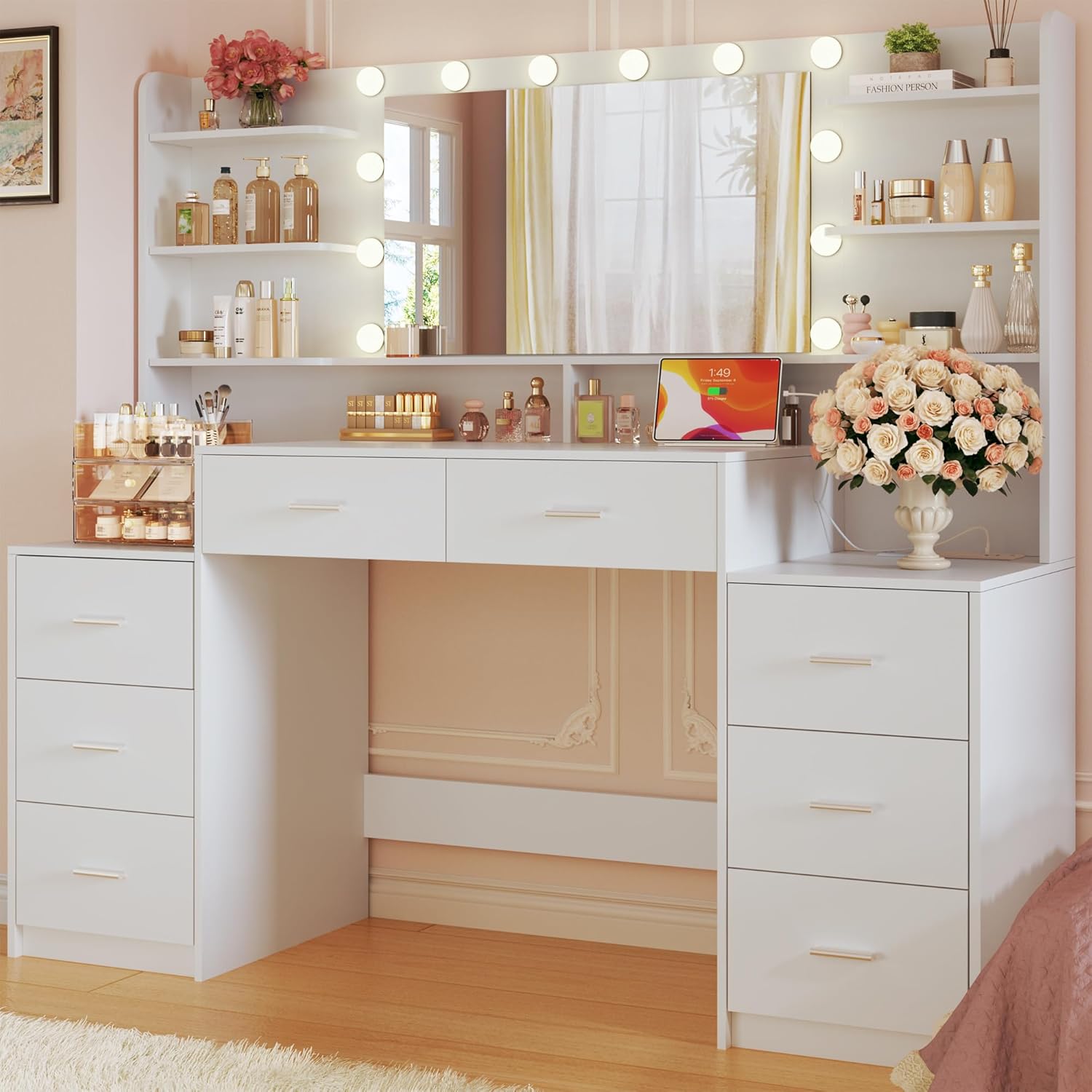 Modern LED Makeup Vanity Desk with Mirror - 54.3" White Dressing Table with 8 Drawers & Storage Shelves, Adjustable Lighting & Charging Station