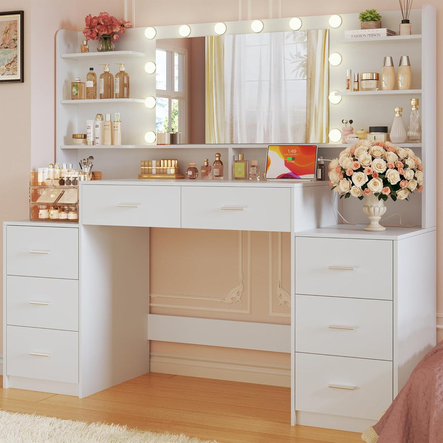 Large LED Makeup Vanity with Mirror, 8 Drawers & Charging Station