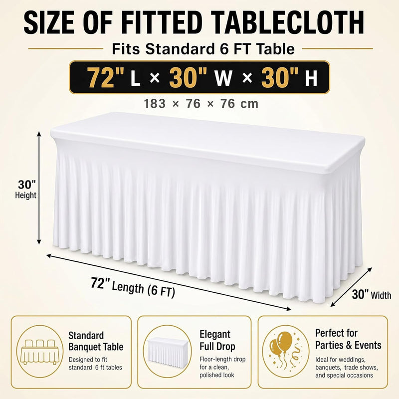 Fixwal White Spandex Tablecloth for Rectangle Table 6ft, Table Skirt for Folding Table, Table Cover for Party, Show, Wedding and Birthday
