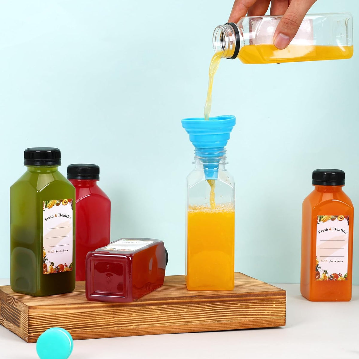 Moretoes 160pcs 12oz Plastic Juice Bottles with Caps, Clear Empty Reusable Bottles with Brush Funnel and Labels for Juicing, Smoothies and Other Beverages