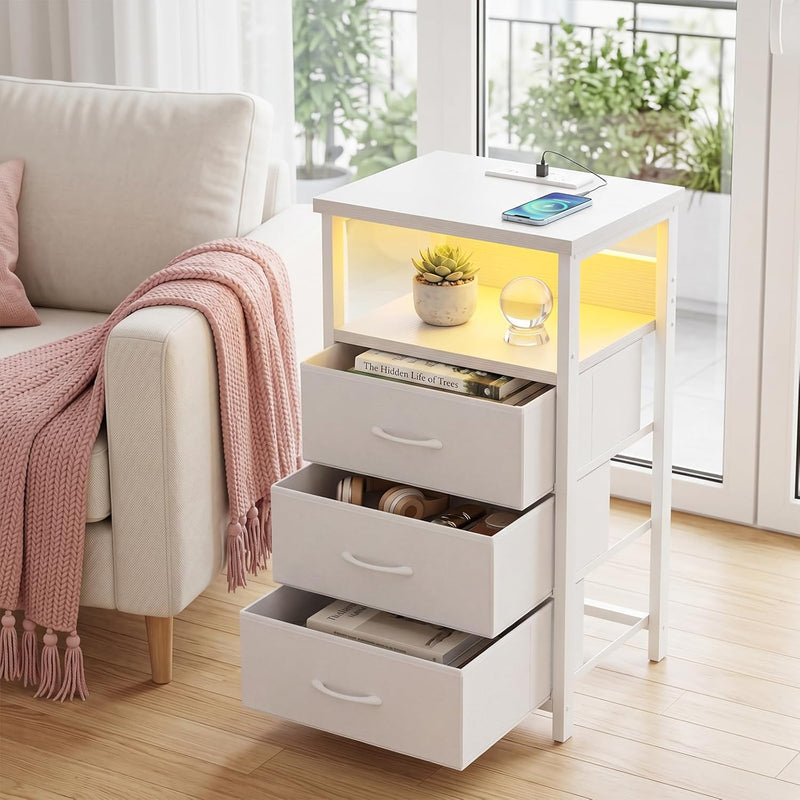 Fixwal White Nightstand with Charging Station, LED Night Stand with 3 Fabric Drawers and Open Shelf, Bedside End Table in Bedroom