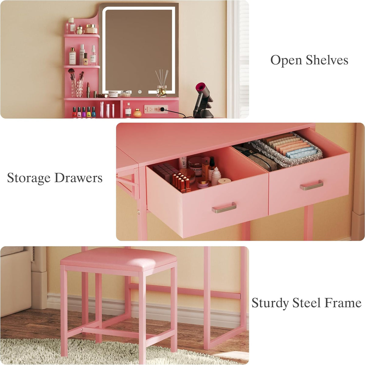 Vanity Desk with Mirror and Lights, Small Vanity with Fabric Storage Drawer & Chair & Shelves, Makeup Vanity with Fold-up Panel and Power Outlet for Bedroom