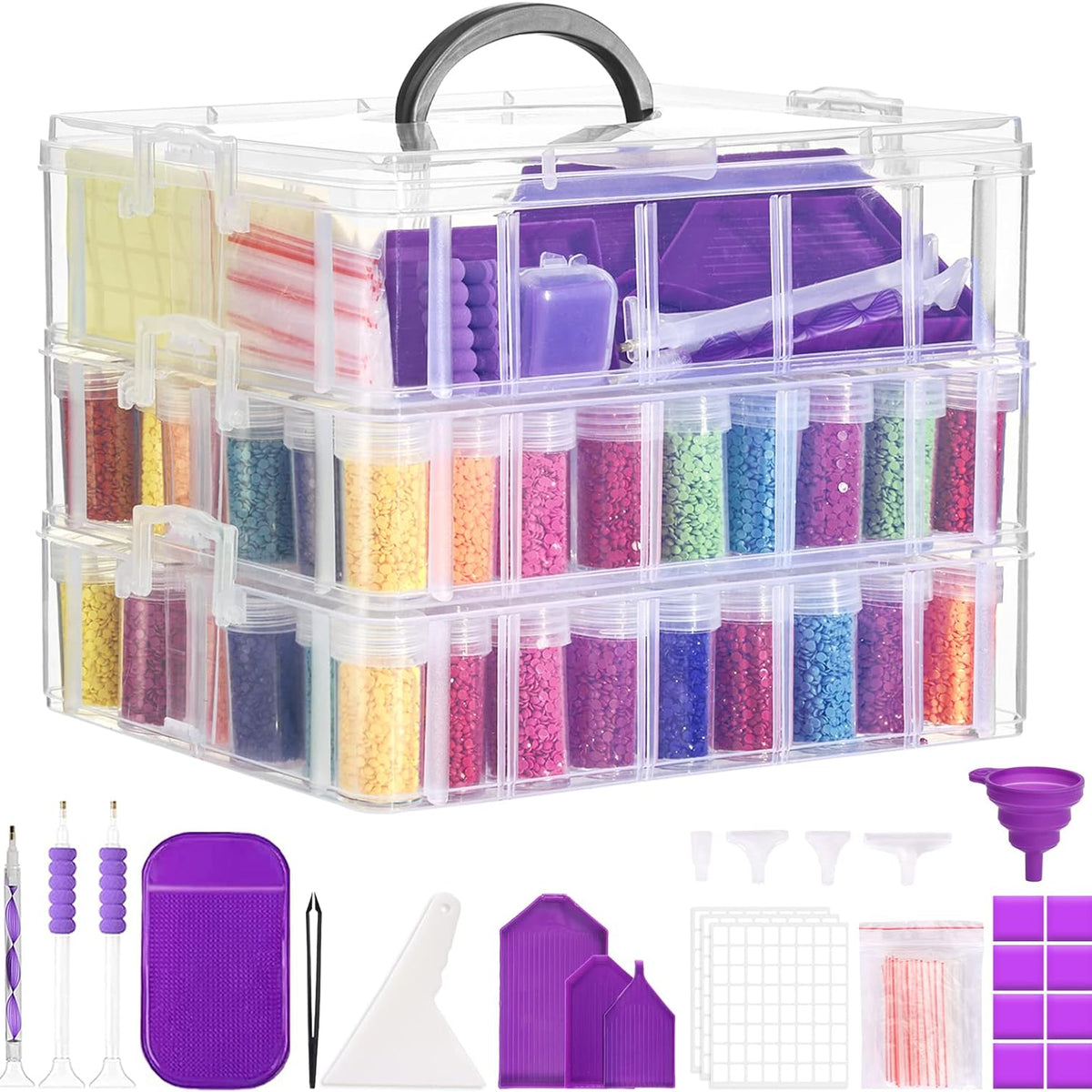 3-Tier Diamond Painting Storage Container, 100 Slots Clear Stackable Bead Organzier with Diamond Painting Accessories and Tools for DIY Diamond Art Craft Jewelry Bead Storage