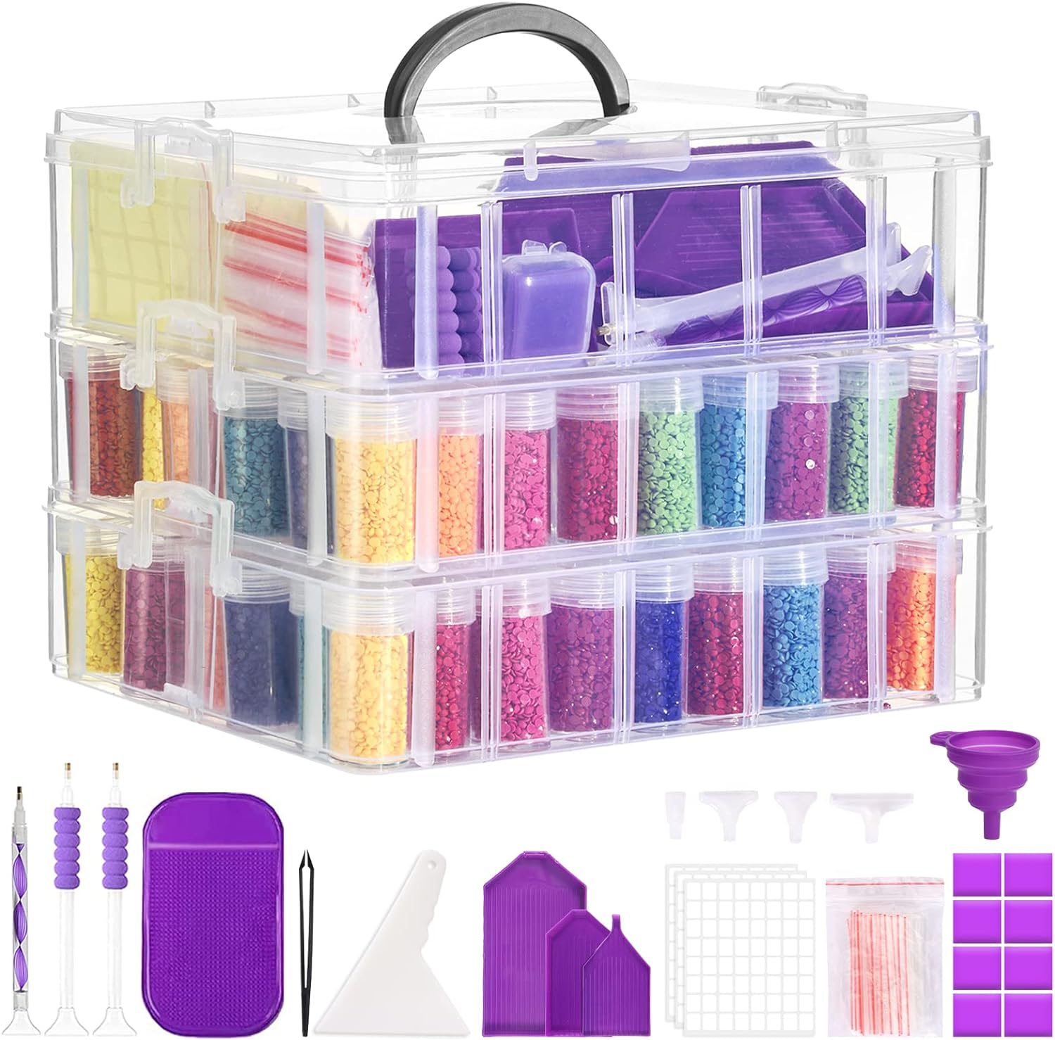 3-Tier Diamond Painting Storage Container, 100 Slots Clear Stackable Bead Organzier with Diamond Painting Accessories and Tools for DIY Diamond Art Craft Jewelry Bead Storage
