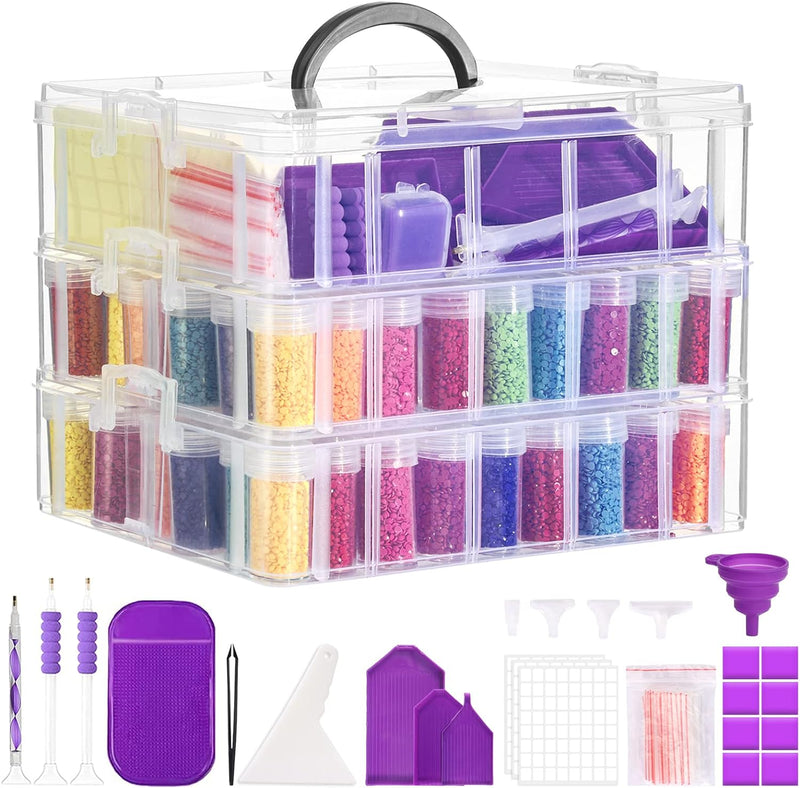 3-Tier Diamond Painting Storage Container, 100 Slots Clear Stackable Bead Organzier with Diamond Painting Accessories and Tools for DIY Diamond Art Craft Jewelry Bead Storage