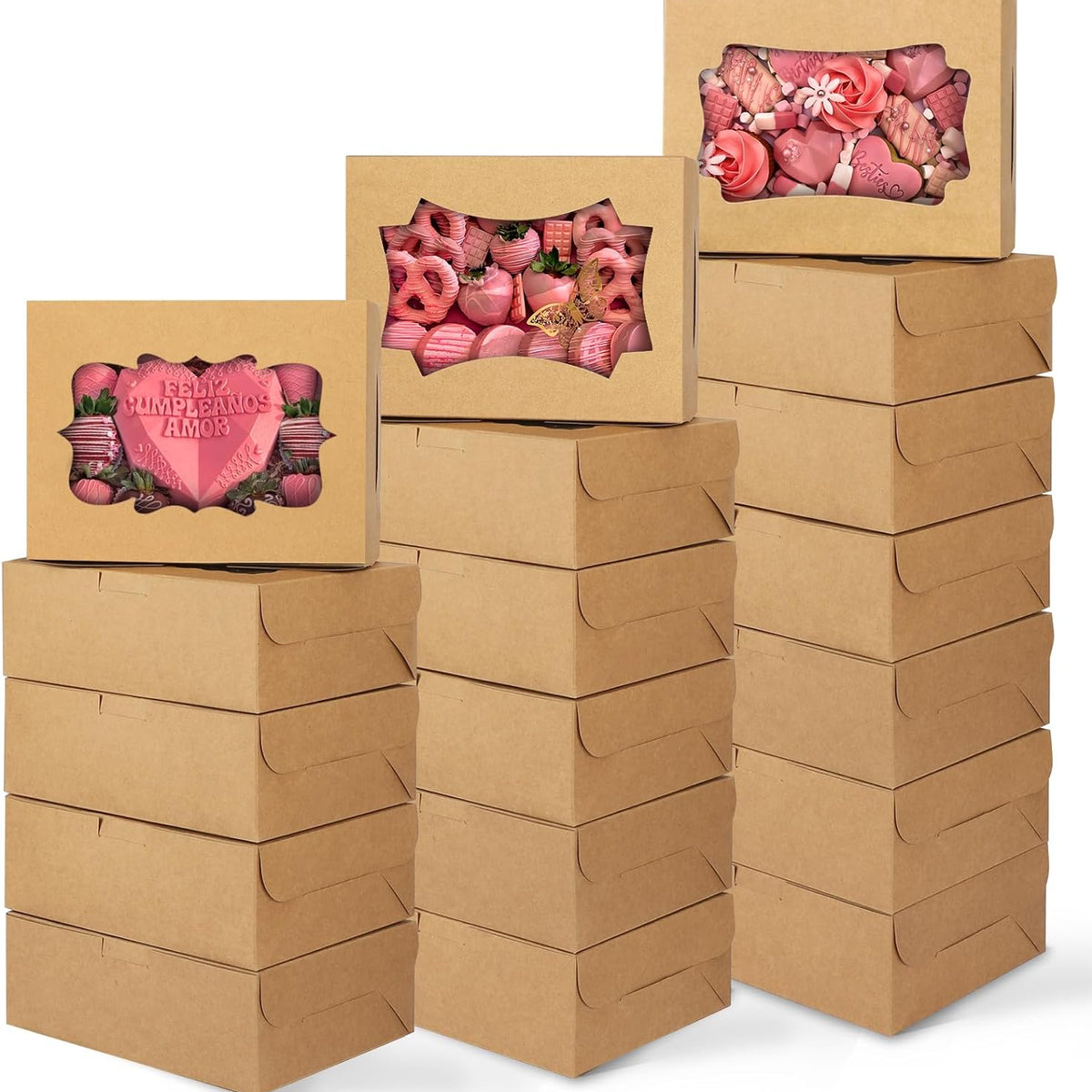 48pcs 8x6x2.5 Inches Cookie Boxes, Treat Boxes with 3 Style Window, for Chocolate Strawberries Muffins Donuts and Party Favor