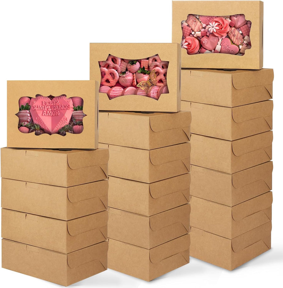 48pcs 8x6x2.5 Inches Cookie Boxes, Treat Boxes with 3 Style Window, for Chocolate Strawberries Muffins Donuts and Party Favor