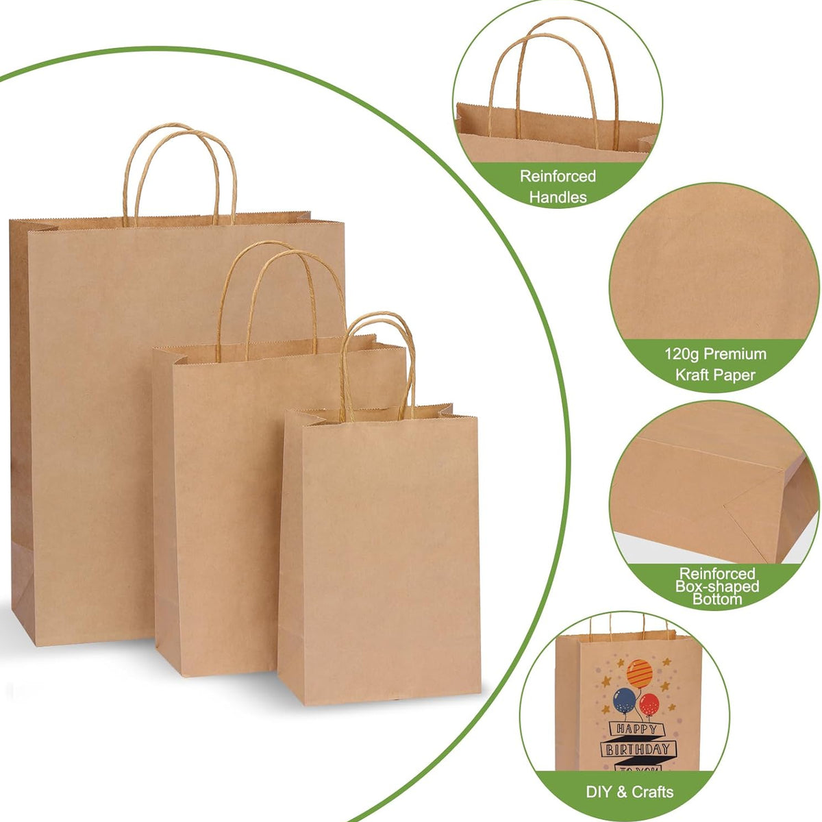 180pcs Paper Bags with Handles Brown Kraft Paper Gift Bags Assorted Sizes (8/10/12.6 Inches) Bulk for Gift, Merchandise, Retail, Shopping, Party Favor