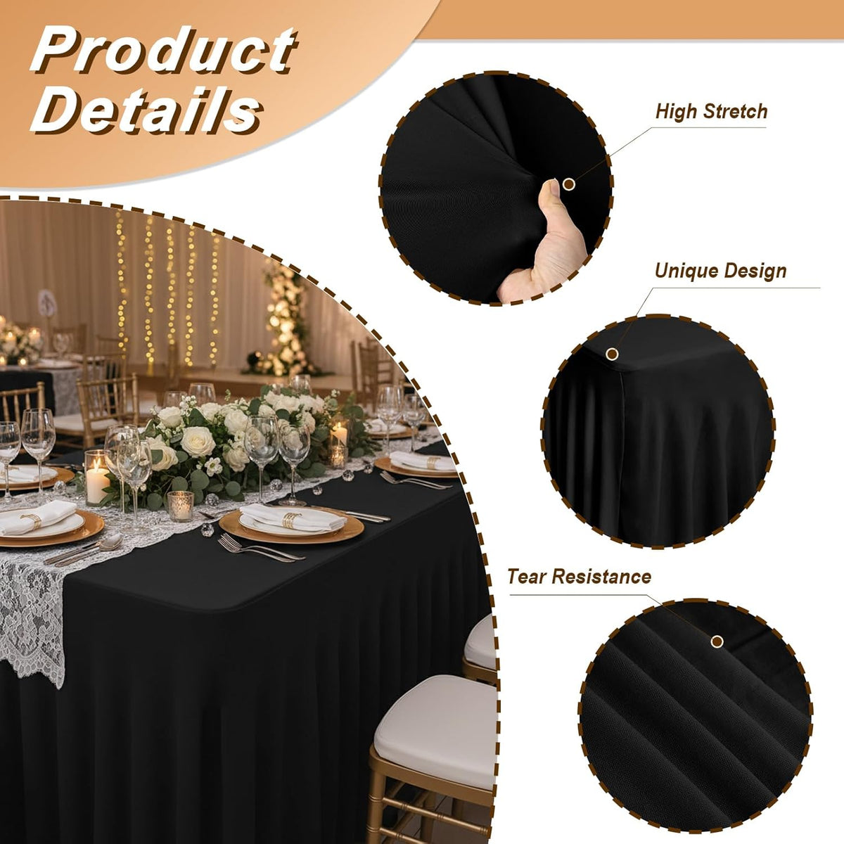 Fixwal 2 Pack Black Spandex Tablecloth for Rectangle Table 4ft, Table Skirt for Party, Show, Wedding and Birthday
