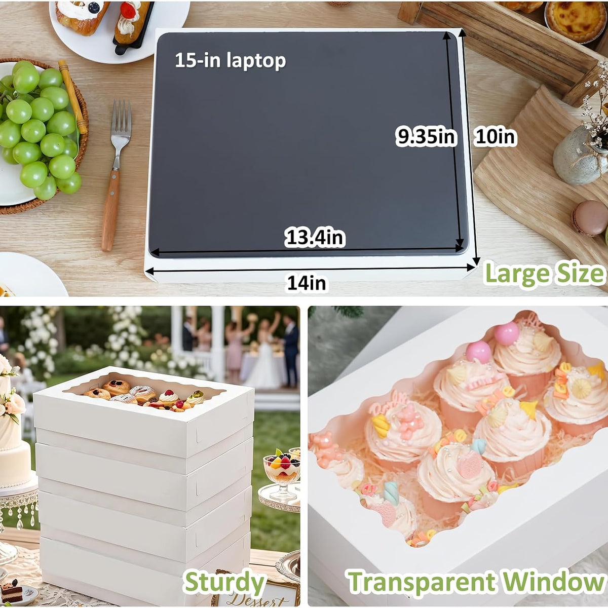 Moretoes 20pcs 14x10x4in Sheet Cake Boxes, White Rectangle Quarter Bakery Boxes with Window, for Cake Pastry Baking Donuts Cupcake Pie Packaging