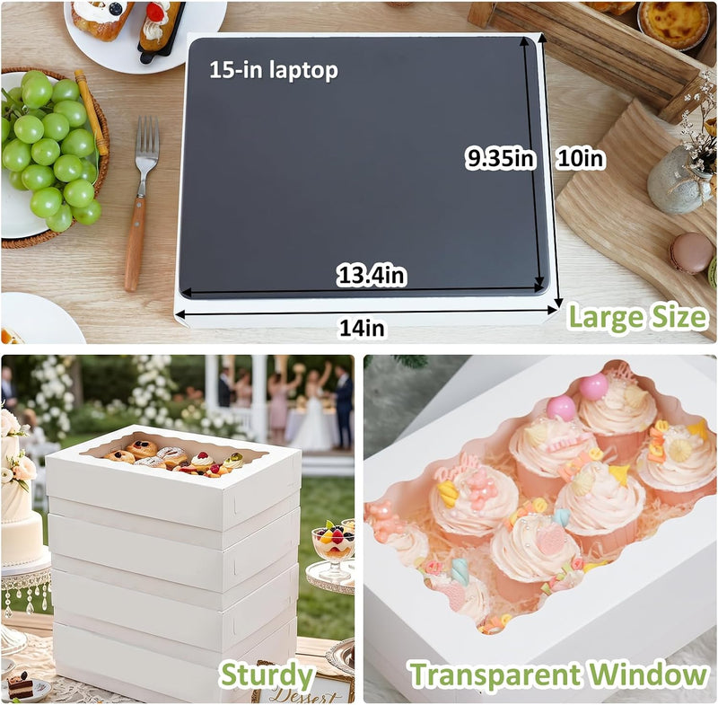 Moretoes 20pcs 14x10x4in Sheet Cake Boxes, White Rectangle Quarter Bakery Boxes with Window, for Cake Pastry Baking Donuts Cupcake Pie Packaging