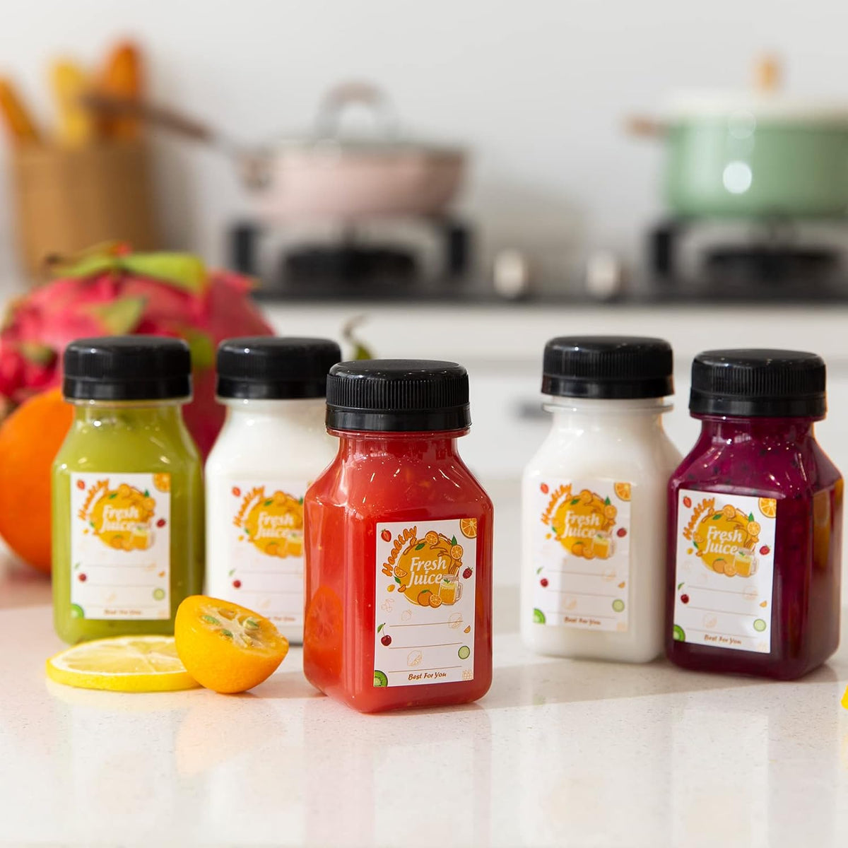 45pcs Juice Bottles with Caps, 4oz Plastic Containers with Lids Empty Reusable Clear Ginger Shots Bottles with Label, Funnel, and Brush Beverage for Juicing, Smoothies, Drinking, Fridge