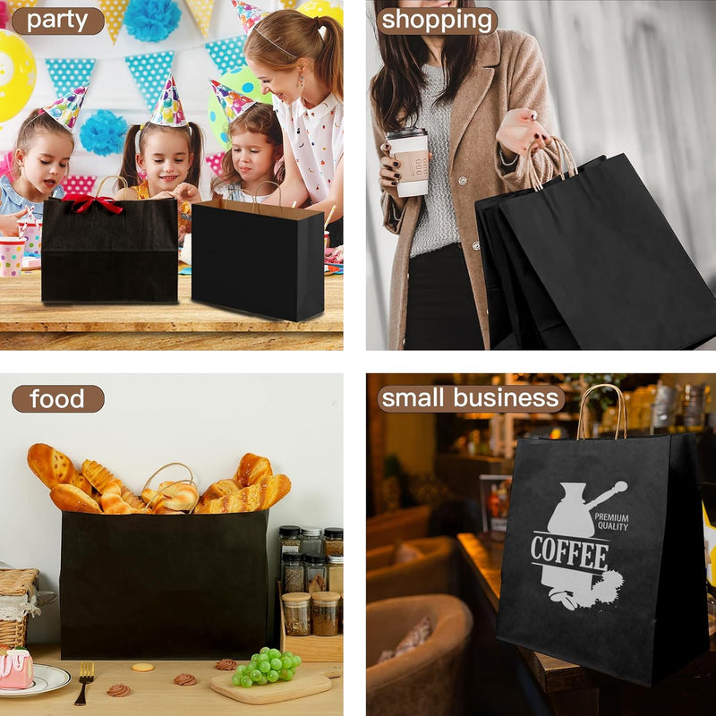 Moretoes 110pcs 16x6x12 Inches Paper Bags with Handles Bulk Large Gift Bags with Handles Black Paper Bags for Grocery, Merchandise, Gifts