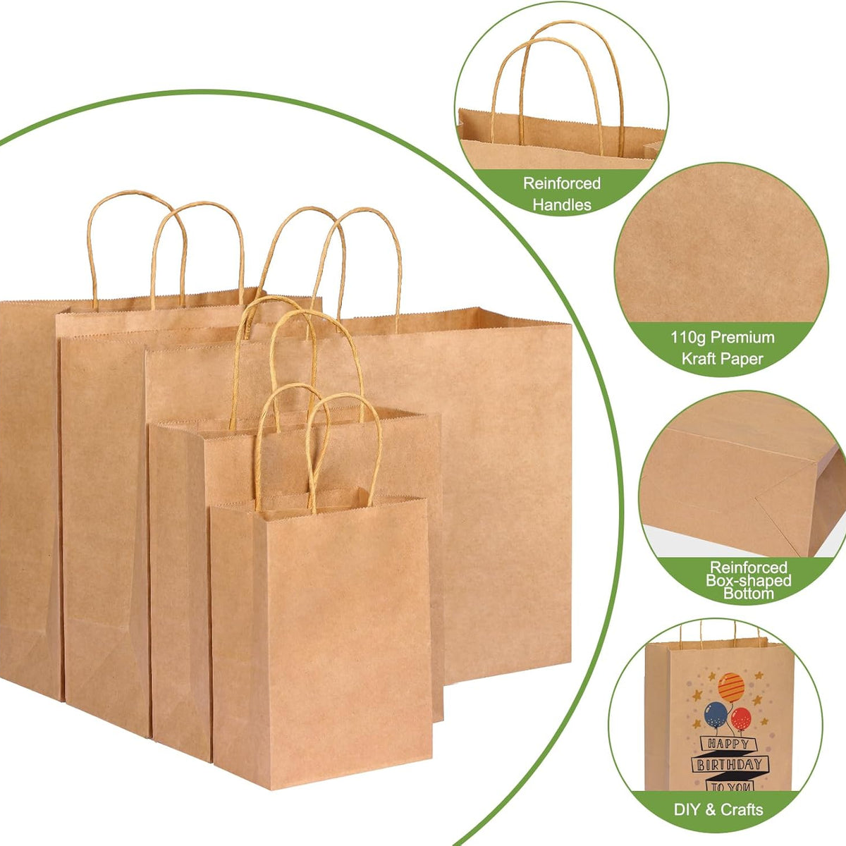 Moretoes 40pcs Brown Paper Bags with Handles Paper Gift Bags Assorted Size (8/10/12.6/16 Inches) 10 Per Size for Shopping, Retail, Gift