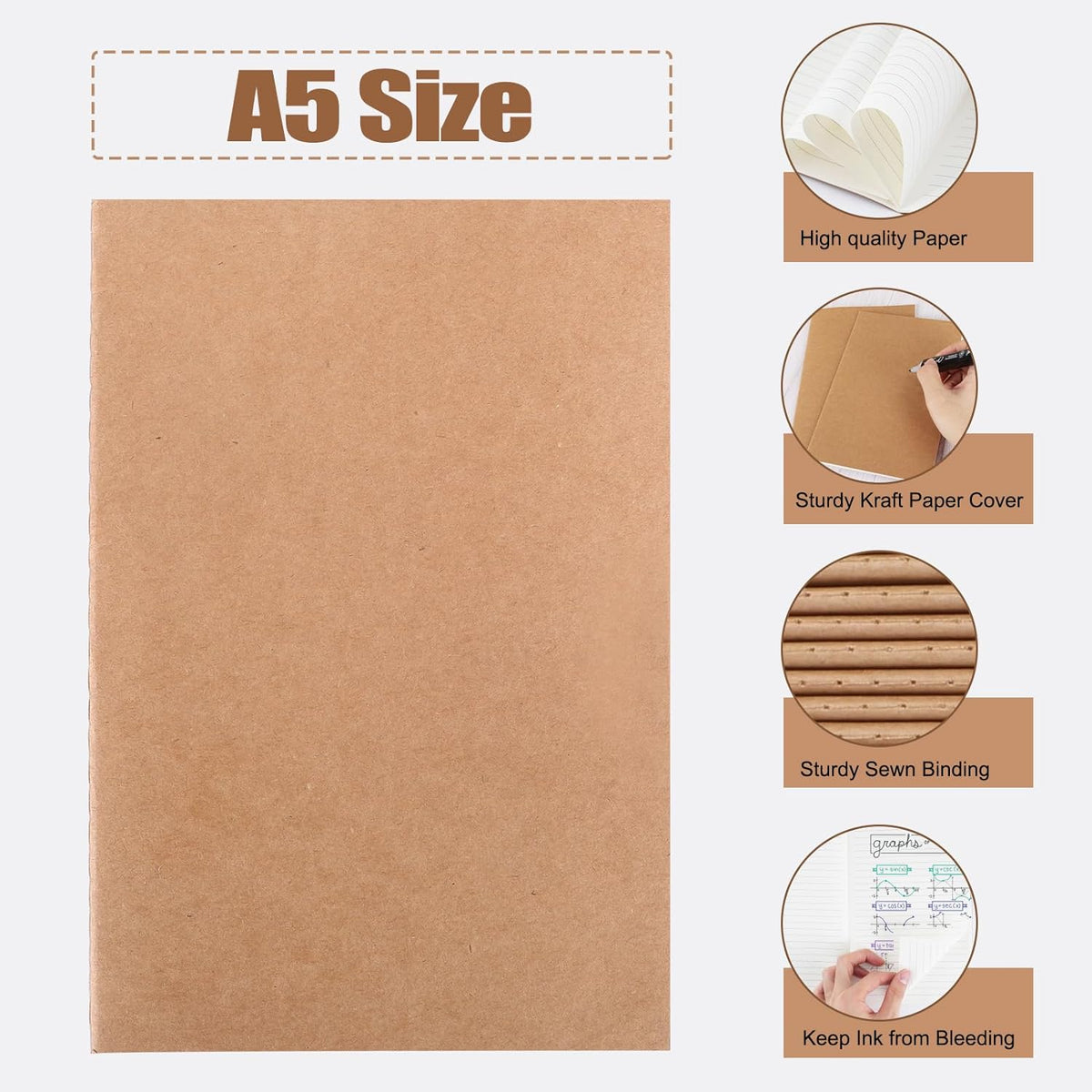 100pcs Lined A5 Kraft Notebook, Journals for Travelers 8.3x5.5in Notebooks 30 Sheets/60 Pages for Students and Office Travel Journal Set