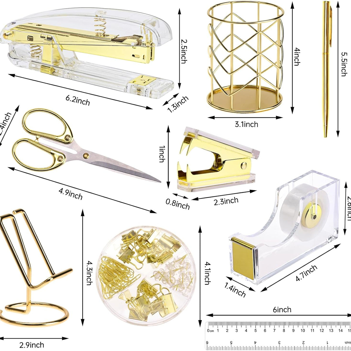 Gold Office Supplies Set Desk Accessories, Acrylic Stapler Set Staple Remover, Phone Holder, Tape Holder, Pen Holder, 2 Ballpoint Pen, Scissor, Binder Clips, Ruler, Transparent Glue and Staples.