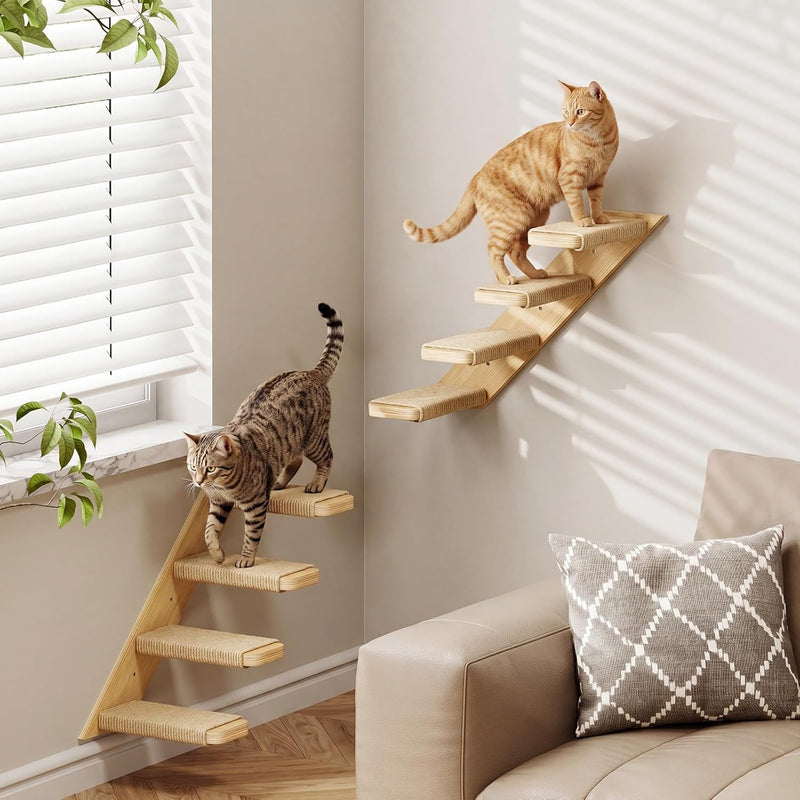 Superlele Cat Wall Shelves 2-Piece Set, 4-Tier Wall Mounted Cat Climbing Stairs with Sisal Scratching Surface, Wooden Steps for Indoor Cats to Play & Scratch, Space-Saving Perch Furniture
